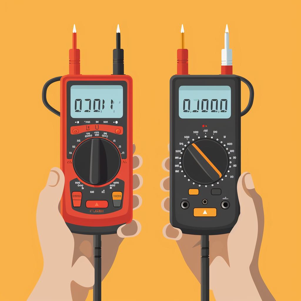 Hands holding the probes against the positive and negative terminals of a battery with a multimeter displaying voltage